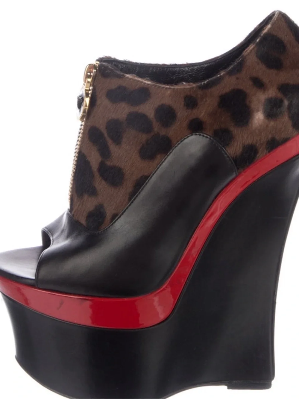 Versace Leopard Print Black Peep-Toe Platform Wedge with Red Accent